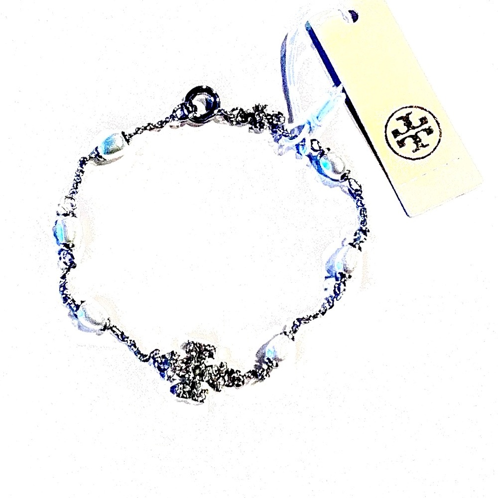 Tory Burch NWT Silver and Pearls with
Pave CZ T-logo Bracelet - Picture 8 of 8